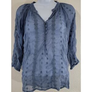 Olive & Oak Blue Puckered Embroidered Sheer Top XS Band Collar Lightweight